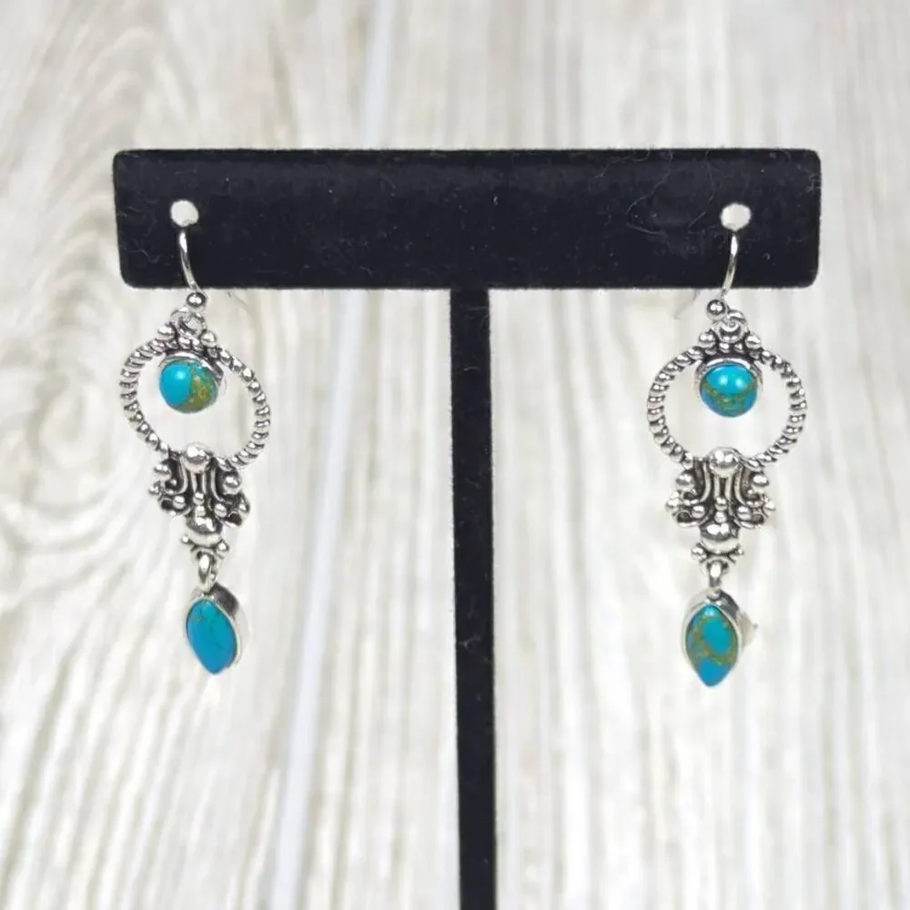 Womens Silver Tone & Turqouise Stone Dangle Wire Earrings Blue 1.5